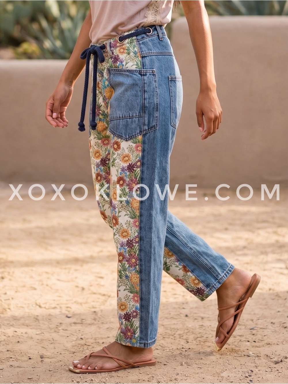 Oli & Hali Floral Jacquard Barrel Jeans | Moxie Rope Tie Denim Pants - Picture 8 of 12